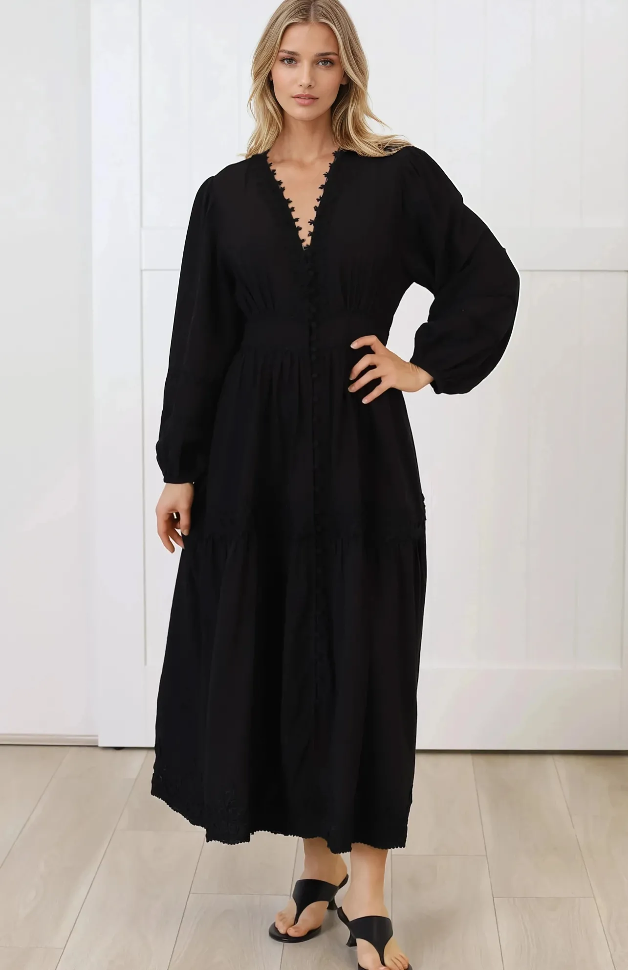 Elowyn Midi Dress - Floral Lace Trim Button Down A Line Dress with Balloon Sleeves in Black>Salty Crush Outlet