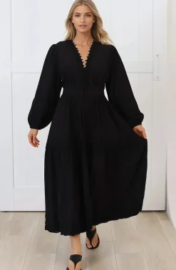 Elowyn Midi Dress - Floral Lace Trim Button Down A Line Dress with Balloon Sleeves in Black><noscript><img width=