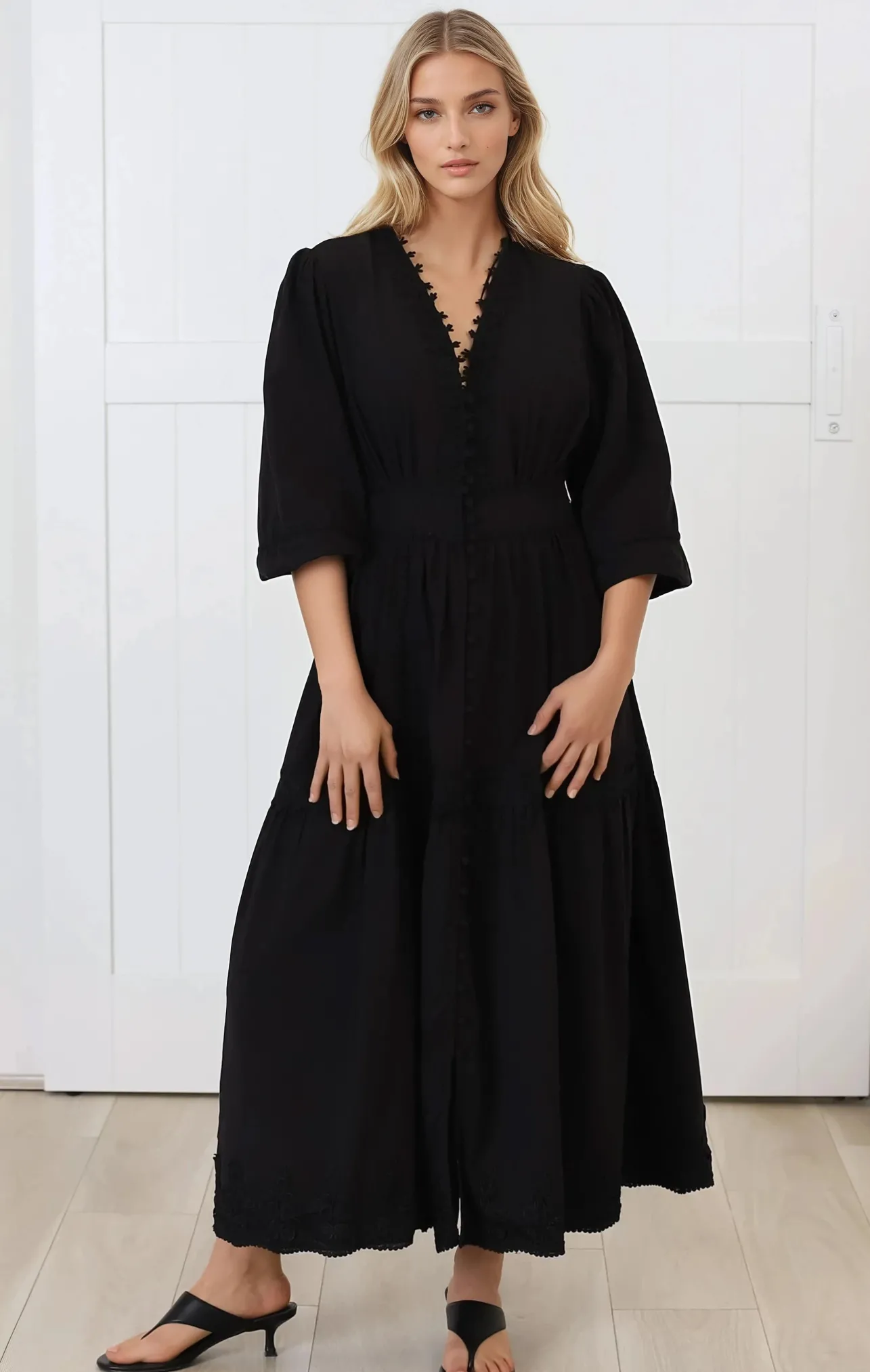 Elowyn Midi Dress - Floral Lace Trim Button Down A Line Dress with Balloon Sleeves in Black>Salty Crush Outlet