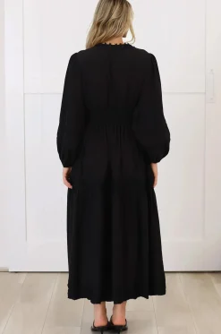 Elowyn Midi Dress - Floral Lace Trim Button Down A Line Dress with Balloon Sleeves in Black><noscript><img width=