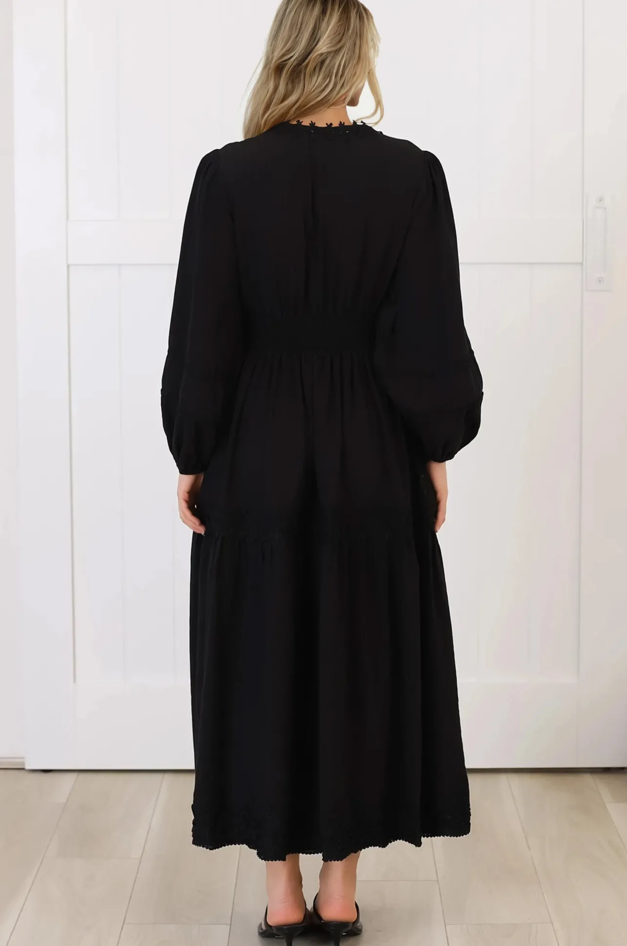 Elowyn Midi Dress - Floral Lace Trim Button Down A Line Dress with Balloon Sleeves in Black>Salty Crush Outlet