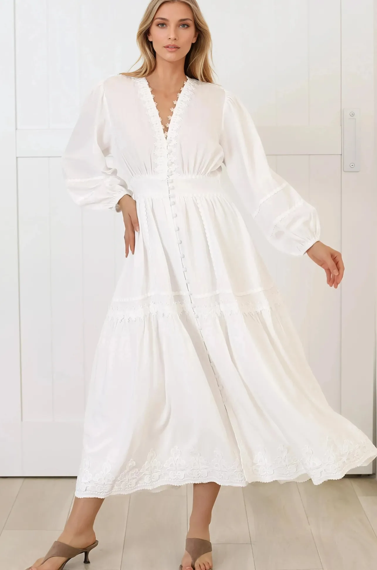 Elowyn Midi Dress - Floral Lace Trim Button Down A Line Dress with Balloon Sleeves in White>Salty Crush Online