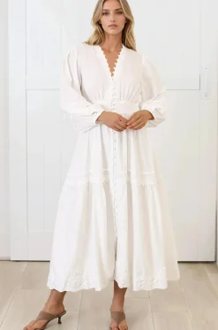 Elowyn Midi Dress - Floral Lace Trim Button Down A Line Dress with Balloon Sleeves in White><noscript><img width=