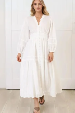 Elowyn Midi Dress - Floral Lace Trim Button Down A Line Dress with Balloon Sleeves in White><noscript><img width=