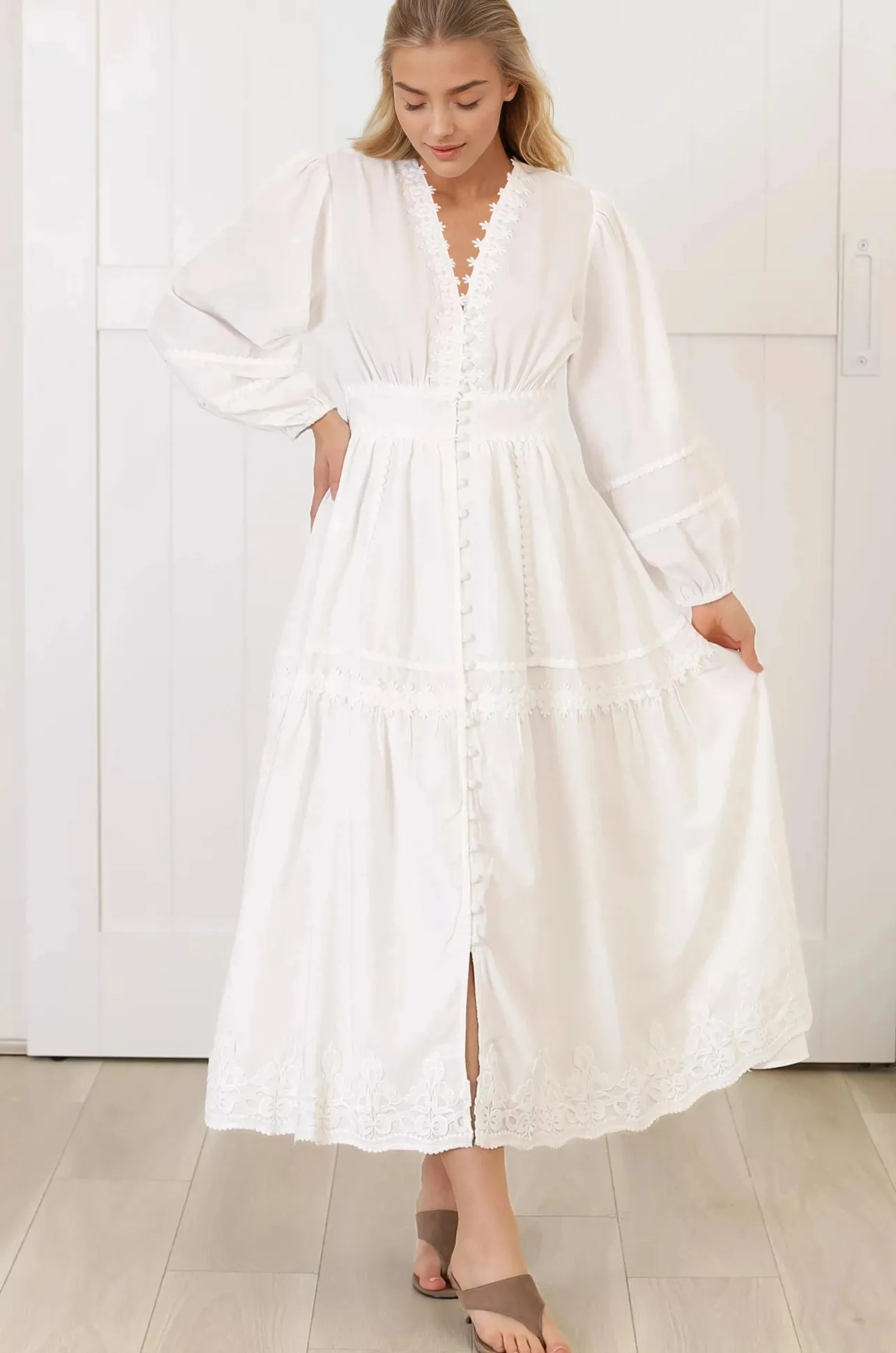 Elowyn Midi Dress - Floral Lace Trim Button Down A Line Dress with Balloon Sleeves in White>Salty Crush Online
