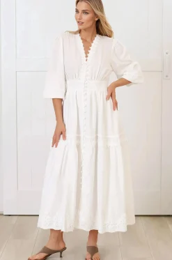 Elowyn Midi Dress - Floral Lace Trim Button Down A Line Dress with Balloon Sleeves in White><noscript><img width=