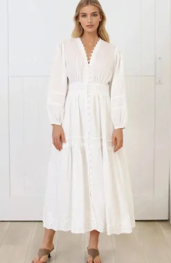 Elowyn Midi Dress - Floral Lace Trim Button Down A Line Dress with Balloon Sleeves in White><noscript><img width=
