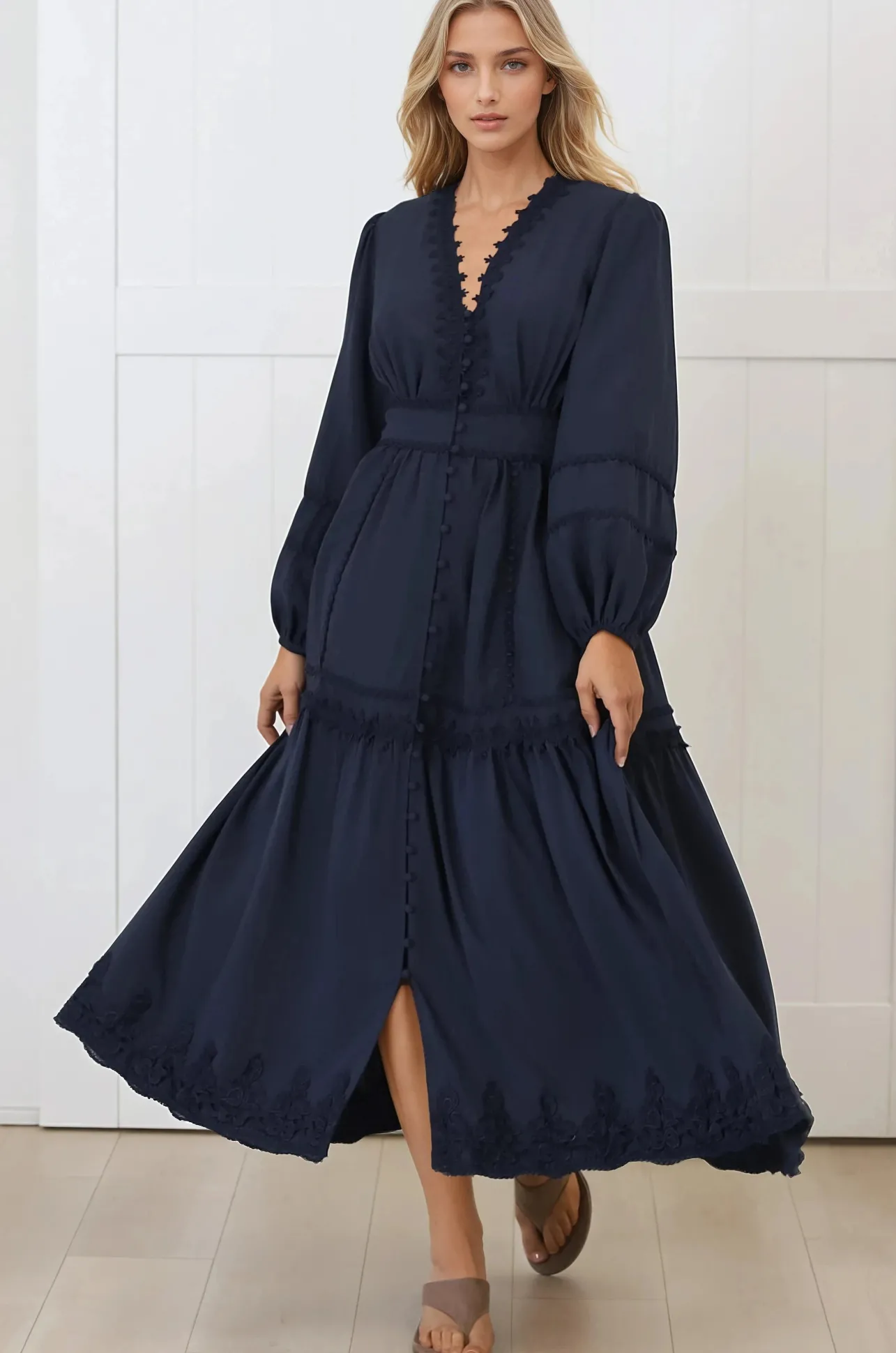 Elowyn Midi Dress - Floral Lace Trim Button Down A Line Dress with Balloon Sleeves in Navy>Salty Crush Best