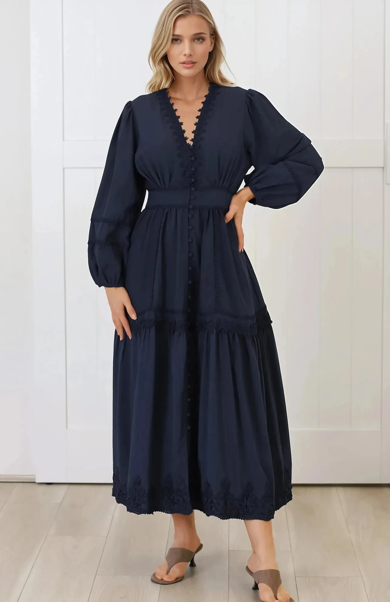 Elowyn Midi Dress - Floral Lace Trim Button Down A Line Dress with Balloon Sleeves in Navy>Salty Crush Best