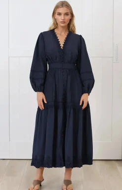 Elowyn Midi Dress - Floral Lace Trim Button Down A Line Dress with Balloon Sleeves in Navy><noscript><img width=