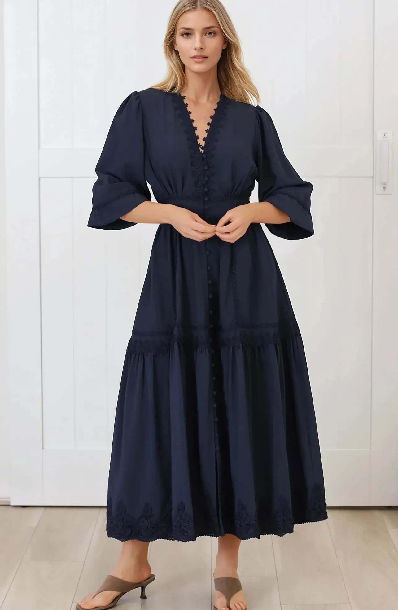 Elowyn Midi Dress - Floral Lace Trim Button Down A Line Dress with Balloon Sleeves in Navy>Salty Crush Best