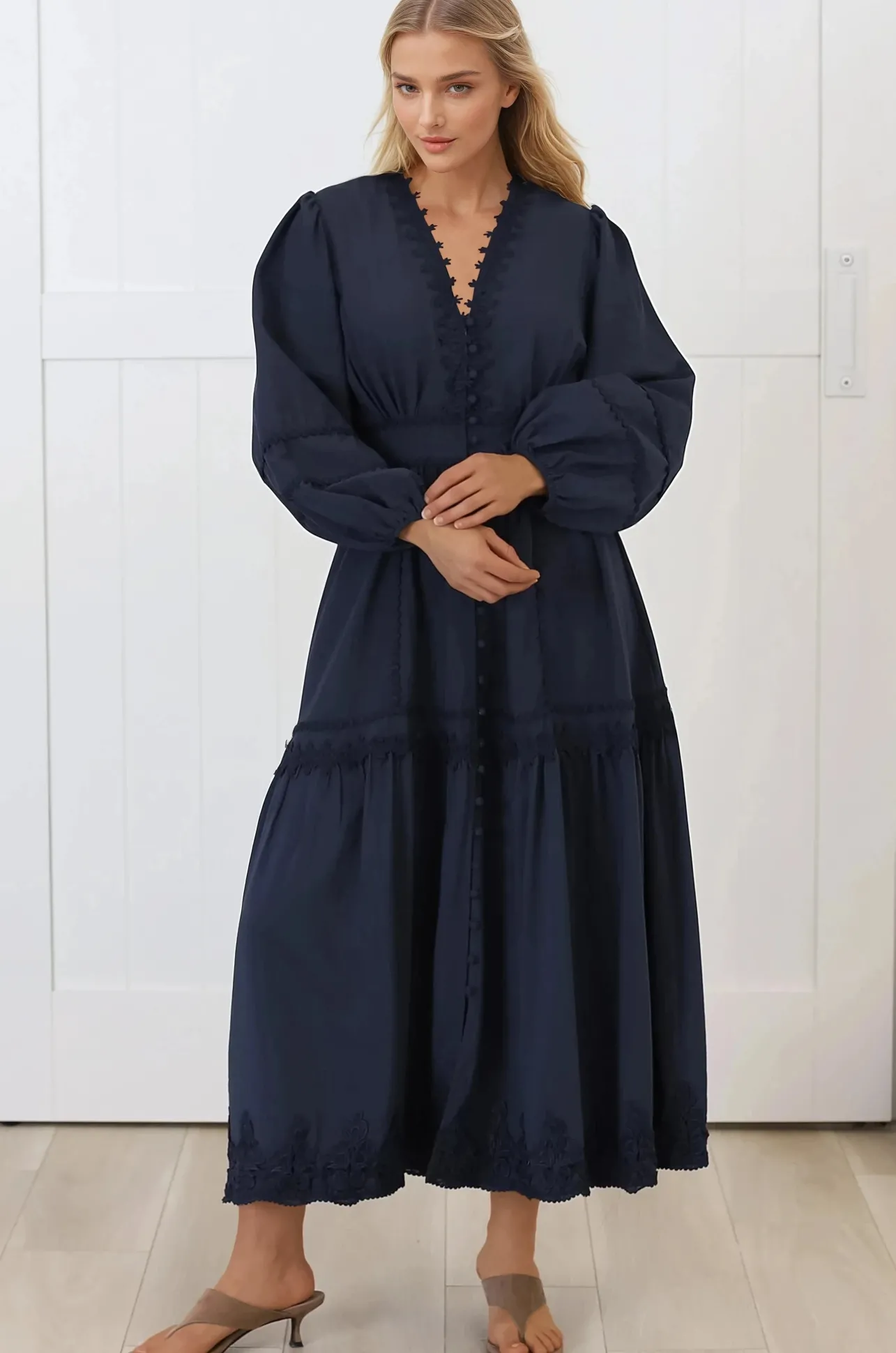 Elowyn Midi Dress - Floral Lace Trim Button Down A Line Dress with Balloon Sleeves in Navy>Salty Crush Best