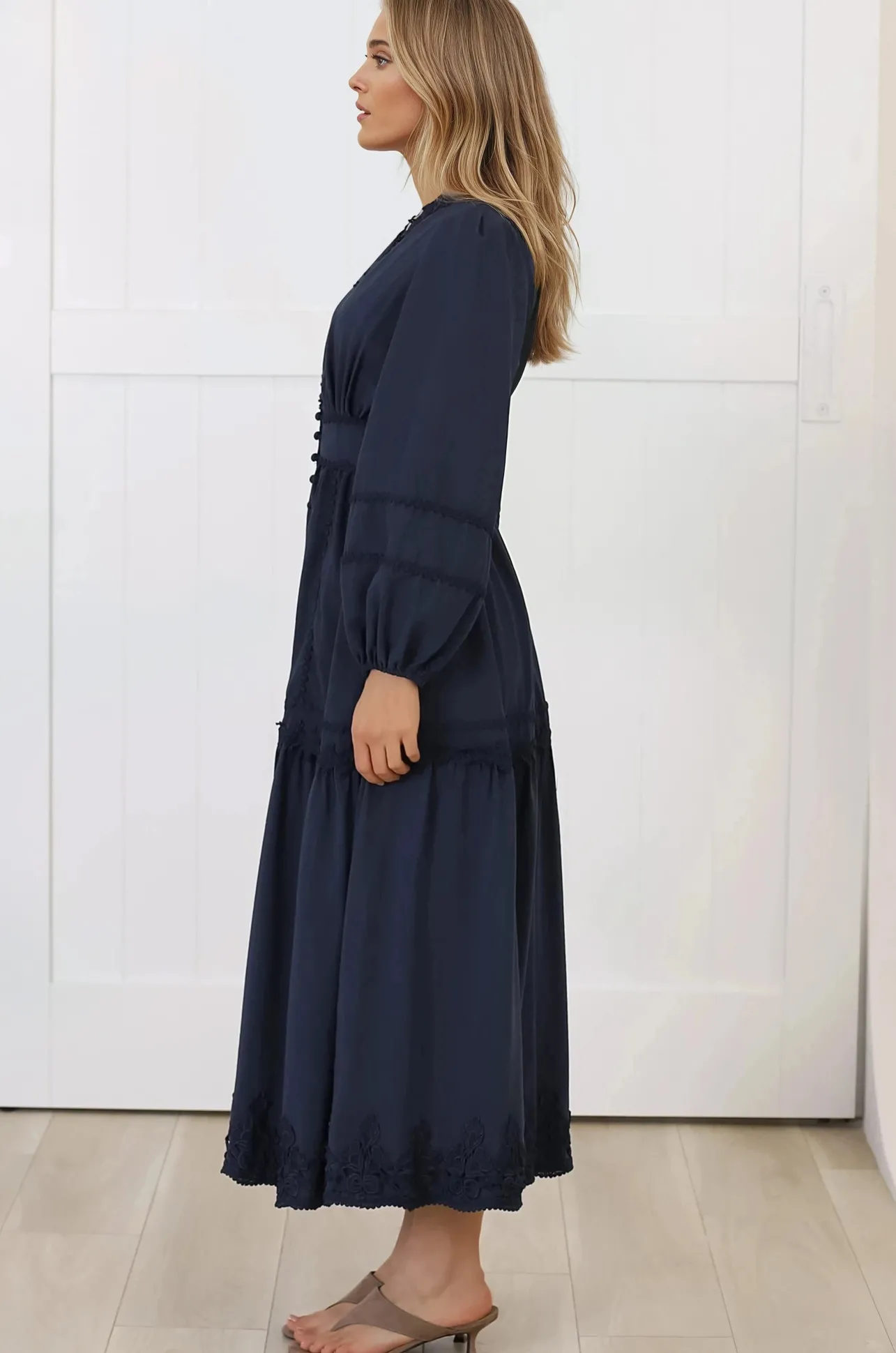 Elowyn Midi Dress - Floral Lace Trim Button Down A Line Dress with Balloon Sleeves in Navy>Salty Crush Best