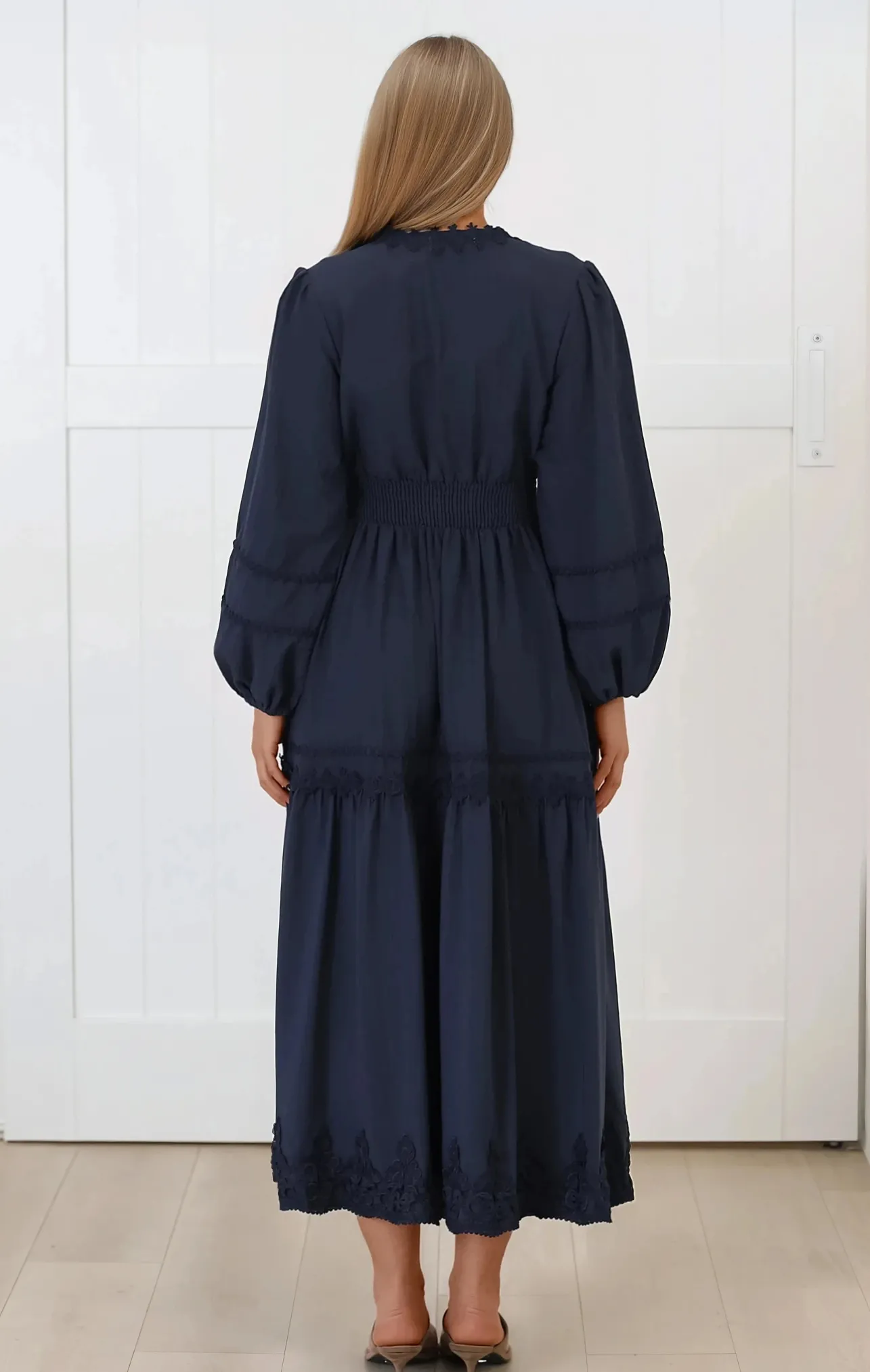 Elowyn Midi Dress - Floral Lace Trim Button Down A Line Dress with Balloon Sleeves in Navy>Salty Crush Best