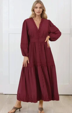 Elowyn Midi Dress - Floral Lace Trim Button Down A Line Dress with Balloon Sleeves in Wine>Salty Crush New