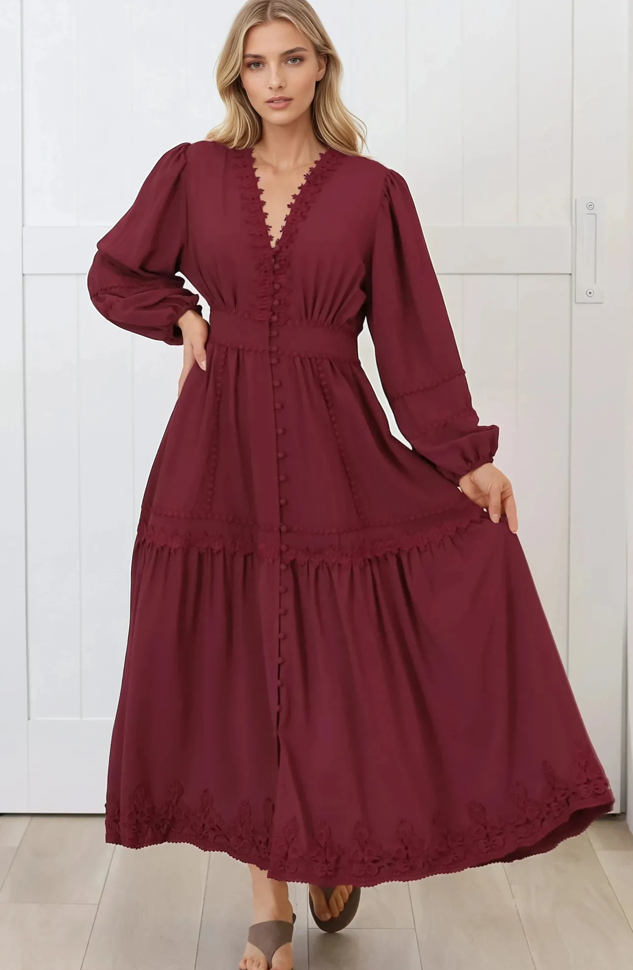 Elowyn Midi Dress - Floral Lace Trim Button Down A Line Dress with Balloon Sleeves in Wine>Salty Crush New