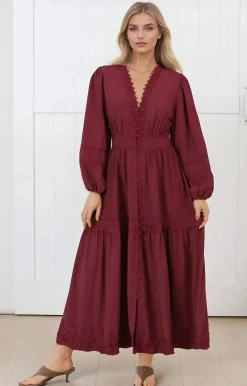 Elowyn Midi Dress - Floral Lace Trim Button Down A Line Dress with Balloon Sleeves in Wine><noscript><img width=