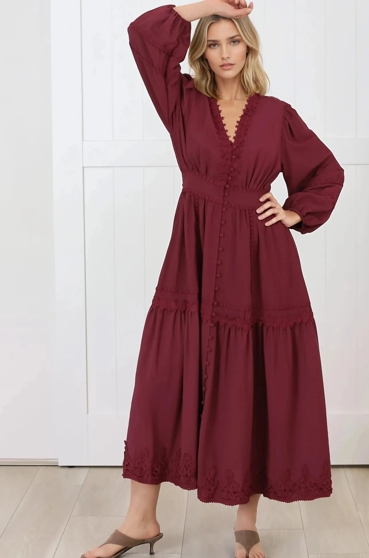 Elowyn Midi Dress - Floral Lace Trim Button Down A Line Dress with Balloon Sleeves in Wine>Salty Crush New