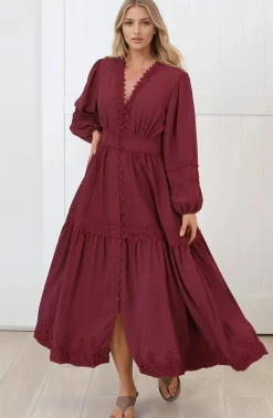 Elowyn Midi Dress - Floral Lace Trim Button Down A Line Dress with Balloon Sleeves in Wine><noscript><img width=