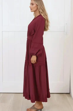 Elowyn Midi Dress - Floral Lace Trim Button Down A Line Dress with Balloon Sleeves in Wine><noscript><img width=