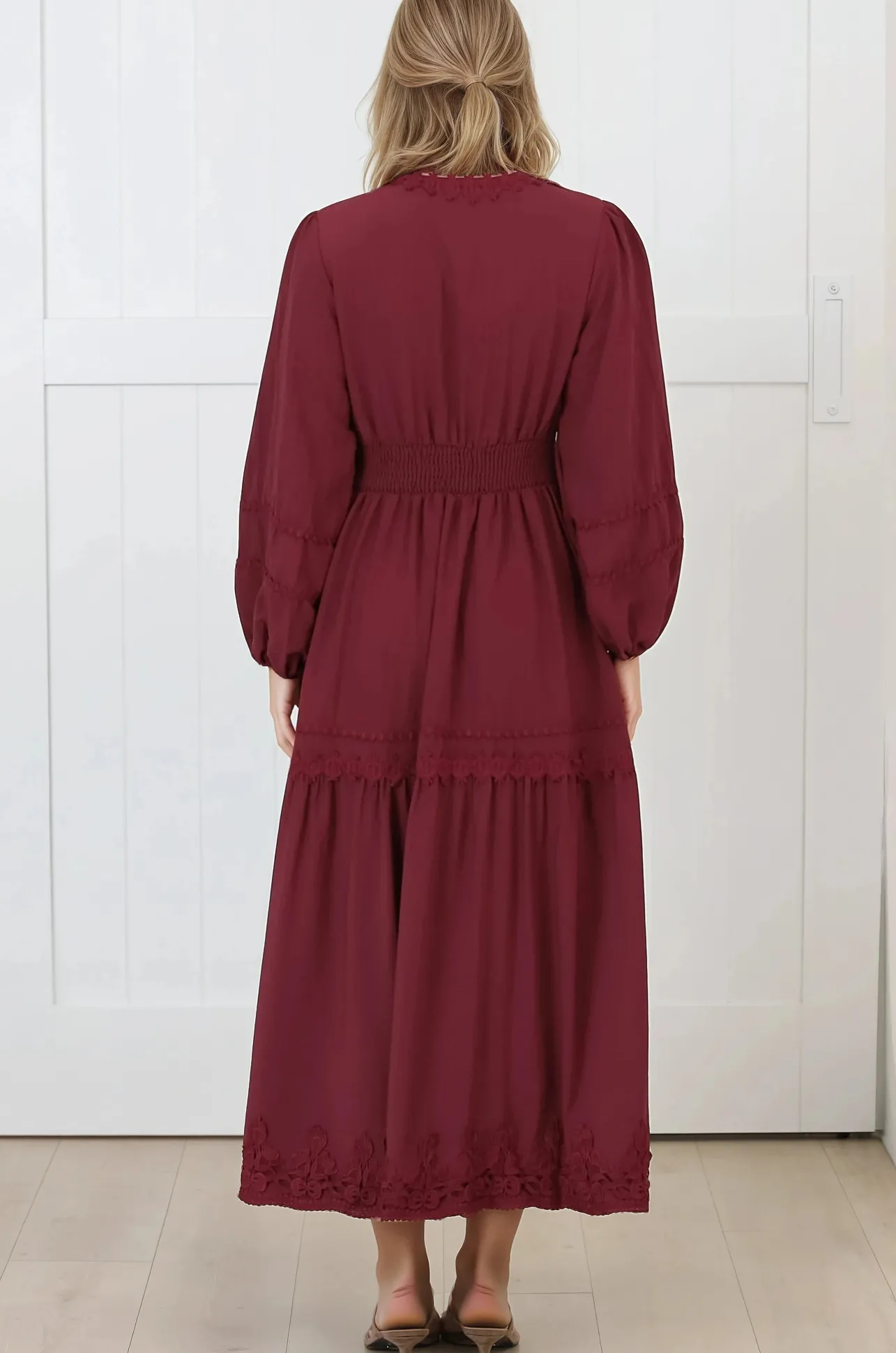 Elowyn Midi Dress - Floral Lace Trim Button Down A Line Dress with Balloon Sleeves in Wine>Salty Crush New