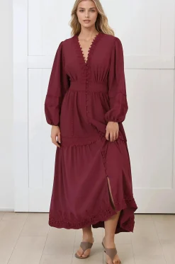 Elowyn Midi Dress - Floral Lace Trim Button Down A Line Dress with Balloon Sleeves in Wine><noscript><img width=