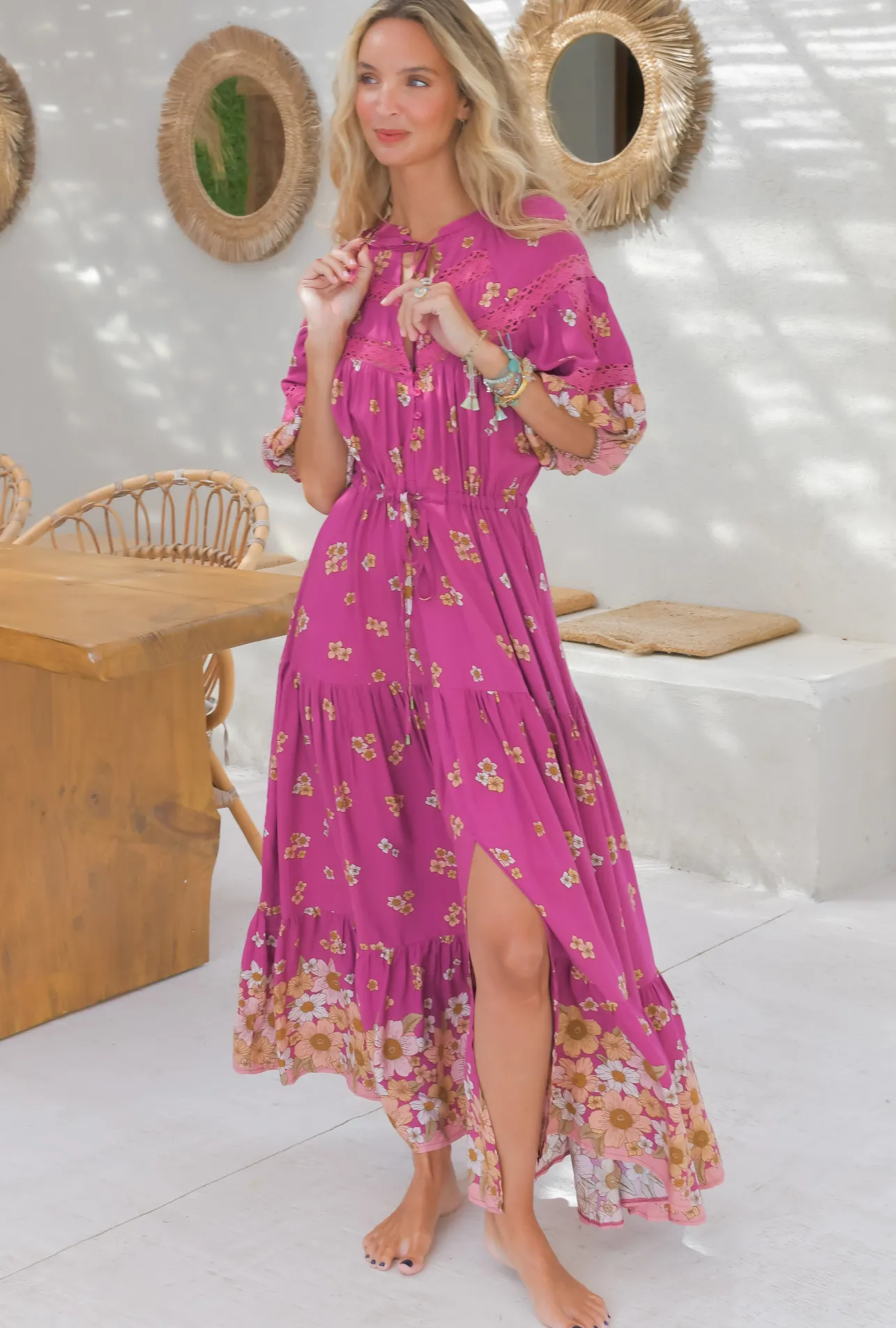 Elsa Maxi Dress: Lace Detailed Bodice with Pull Tie Waist Dress in Bee Orchid Print>Jaase Clearance