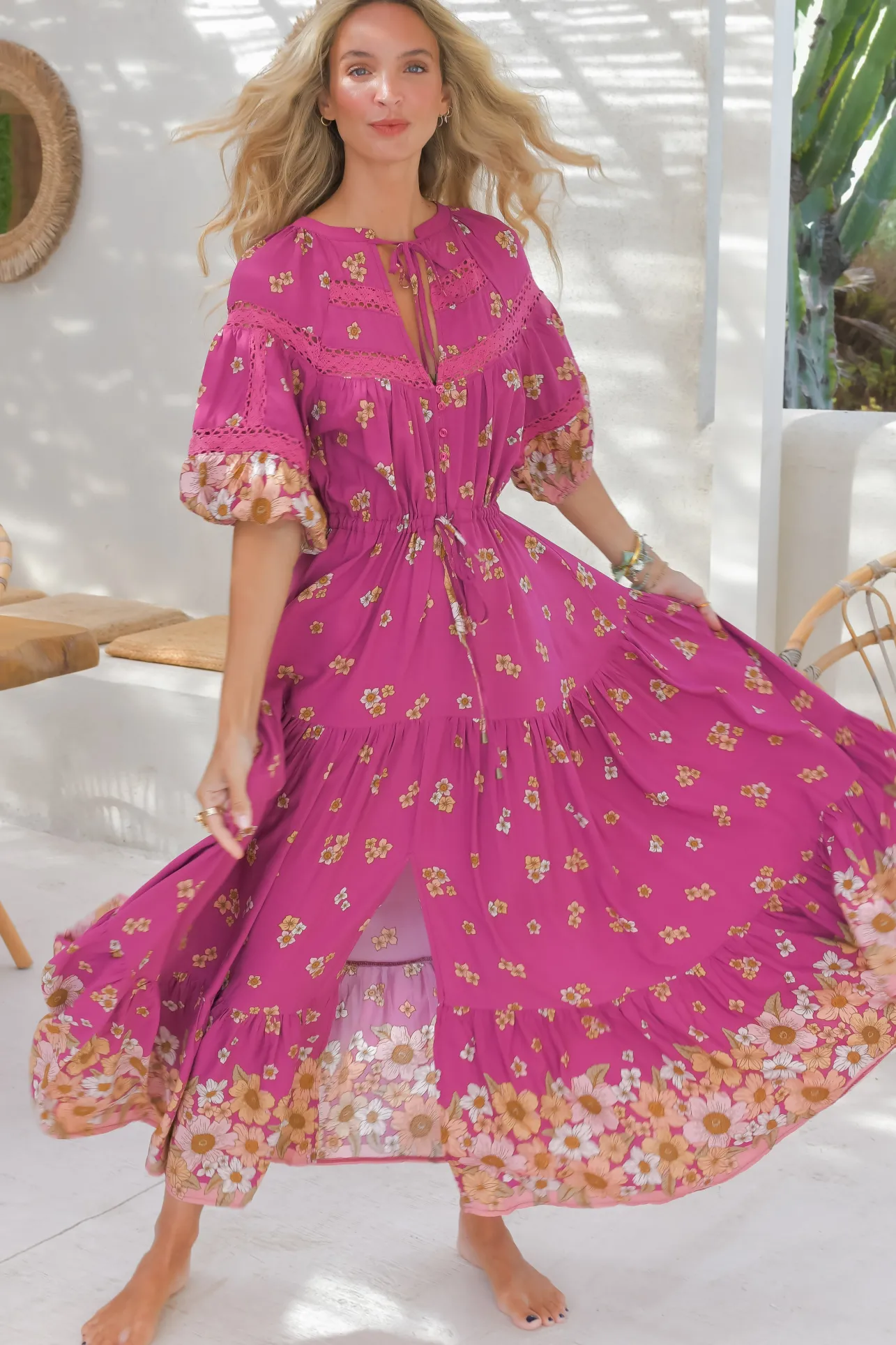 Elsa Maxi Dress: Lace Detailed Bodice with Pull Tie Waist Dress in Bee Orchid Print>Jaase Clearance
