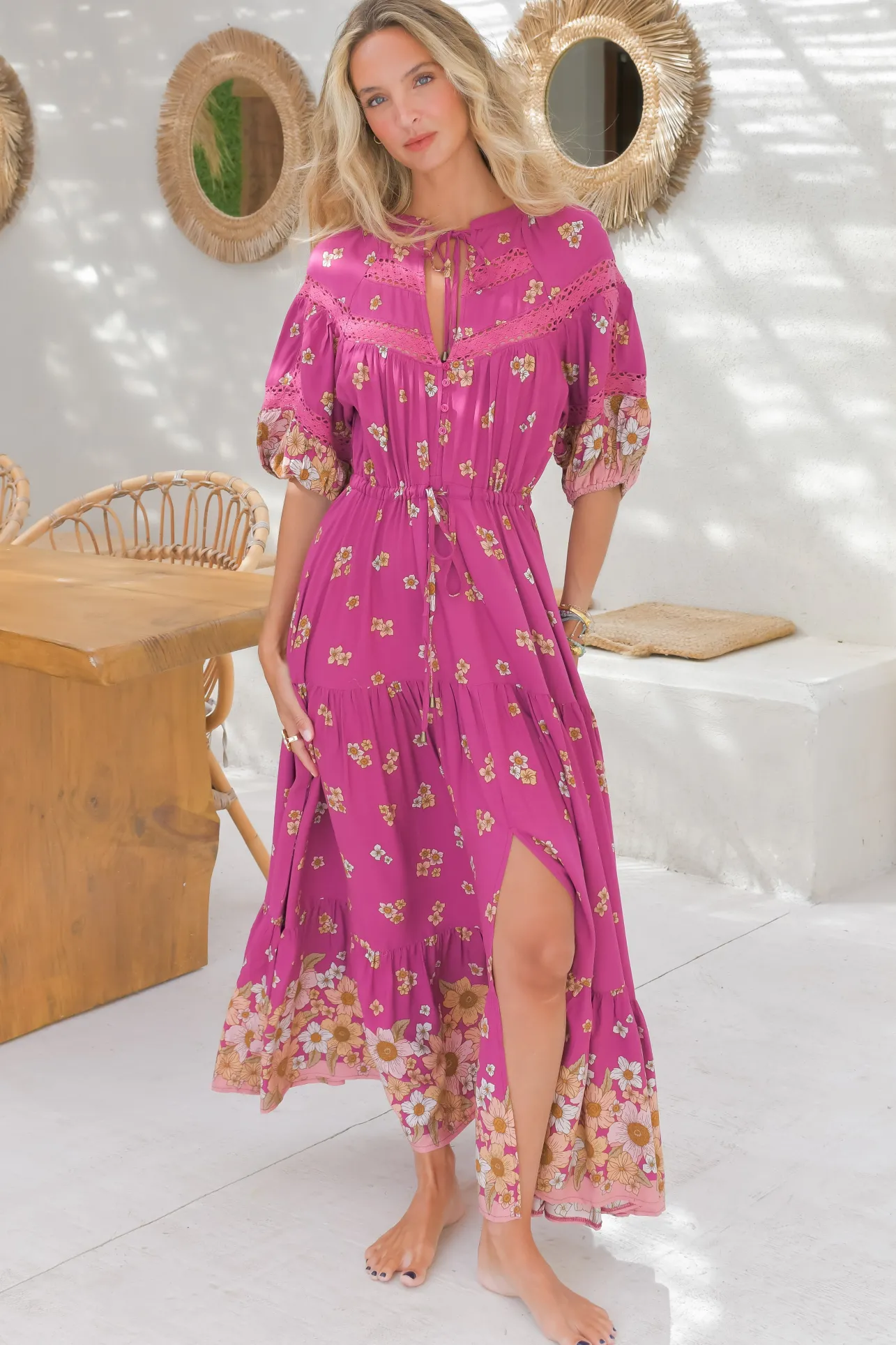 Elsa Maxi Dress: Lace Detailed Bodice with Pull Tie Waist Dress in Bee Orchid Print>Jaase Clearance