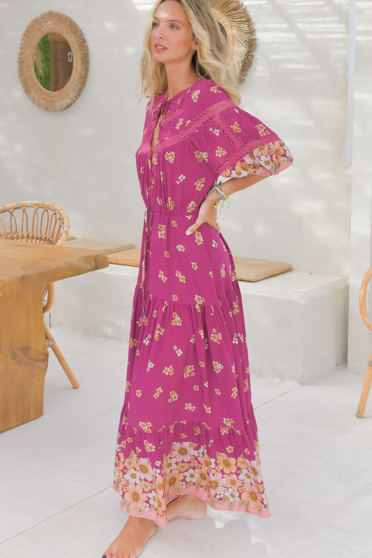 Elsa Maxi Dress: Lace Detailed Bodice with Pull Tie Waist Dress in Bee Orchid Print>Jaase Clearance