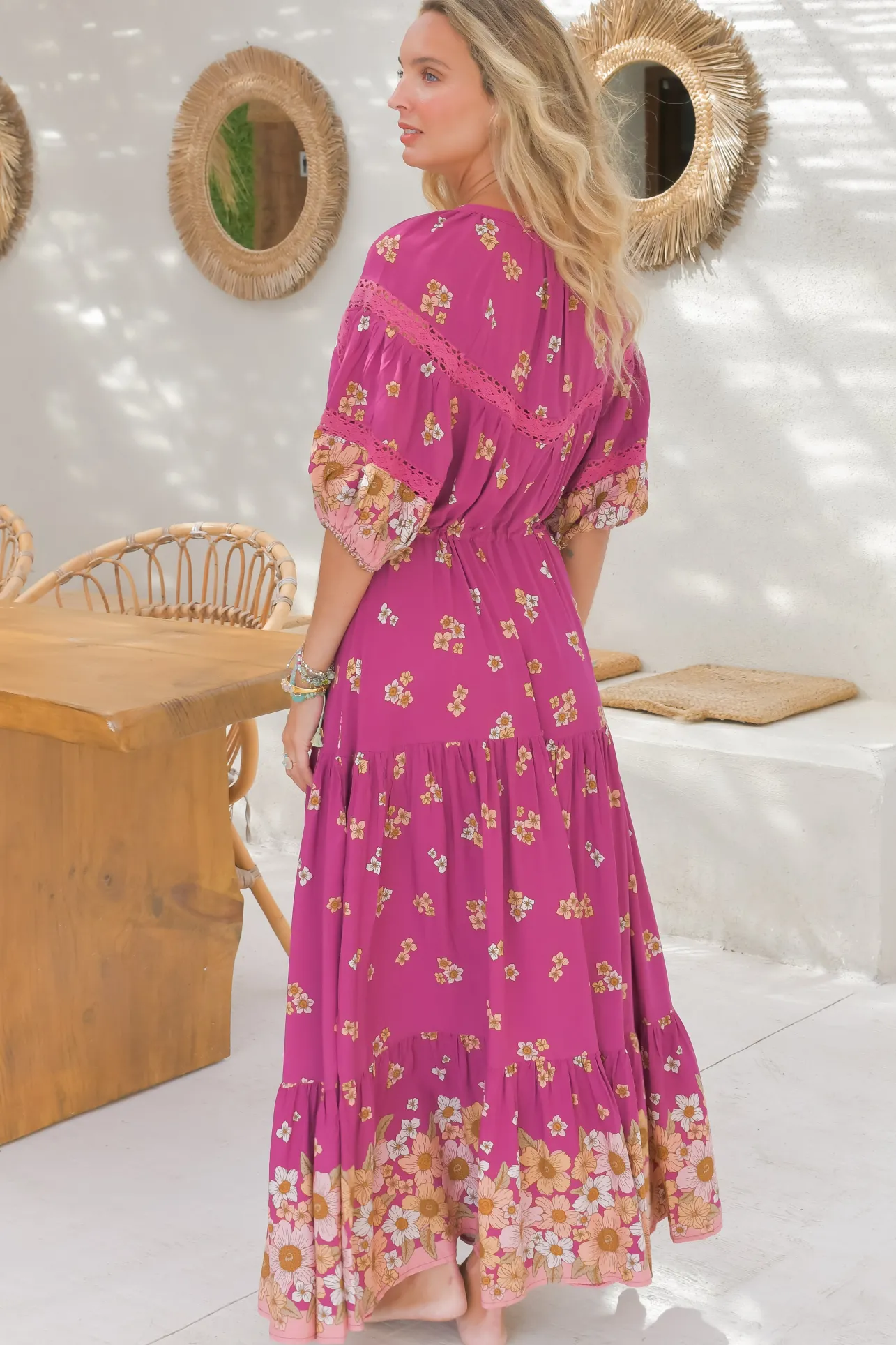 Elsa Maxi Dress: Lace Detailed Bodice with Pull Tie Waist Dress in Bee Orchid Print>Jaase Clearance