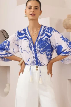 Elysia Blouse - Deep V Neck Button Down 3/4 Sleeve Top in Katiya Print>Salty Crush Discount