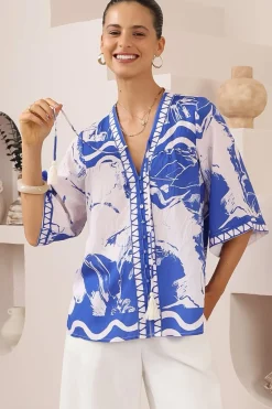 Elysia Blouse - Deep V Neck Button Down 3/4 Sleeve Top in Katiya Print>Salty Crush Discount