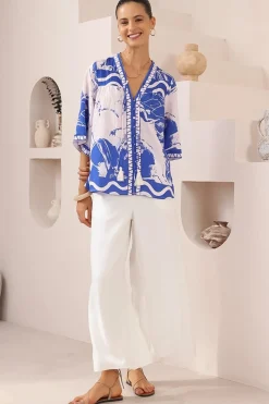 Elysia Blouse - Deep V Neck Button Down 3/4 Sleeve Top in Katiya Print><noscript><img width=