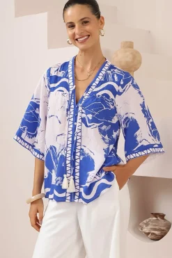 Elysia Blouse - Deep V Neck Button Down 3/4 Sleeve Top in Katiya Print><noscript><img width=