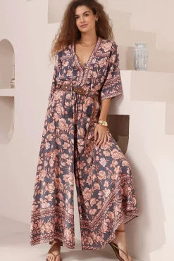 Elysia Blouse - Deep V Neck Button Down 3/4 Sleeve Top in Leandra Print>Salty Crush