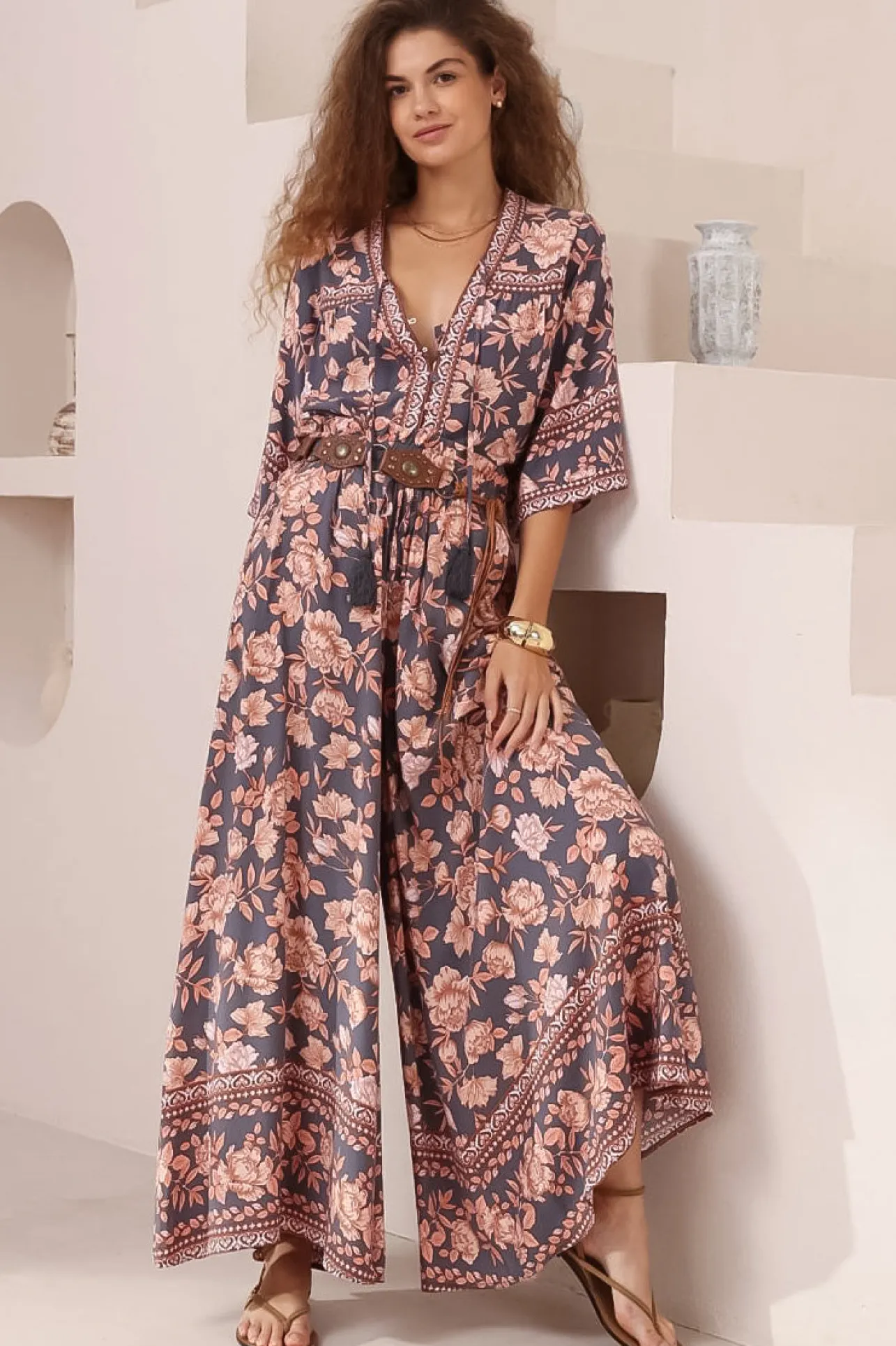 Elysia Blouse - Deep V Neck Button Down 3/4 Sleeve Top in Leandra Print>Salty Crush