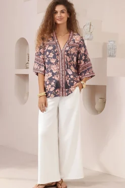 Elysia Blouse - Deep V Neck Button Down 3/4 Sleeve Top in Leandra Print><noscript><img width=