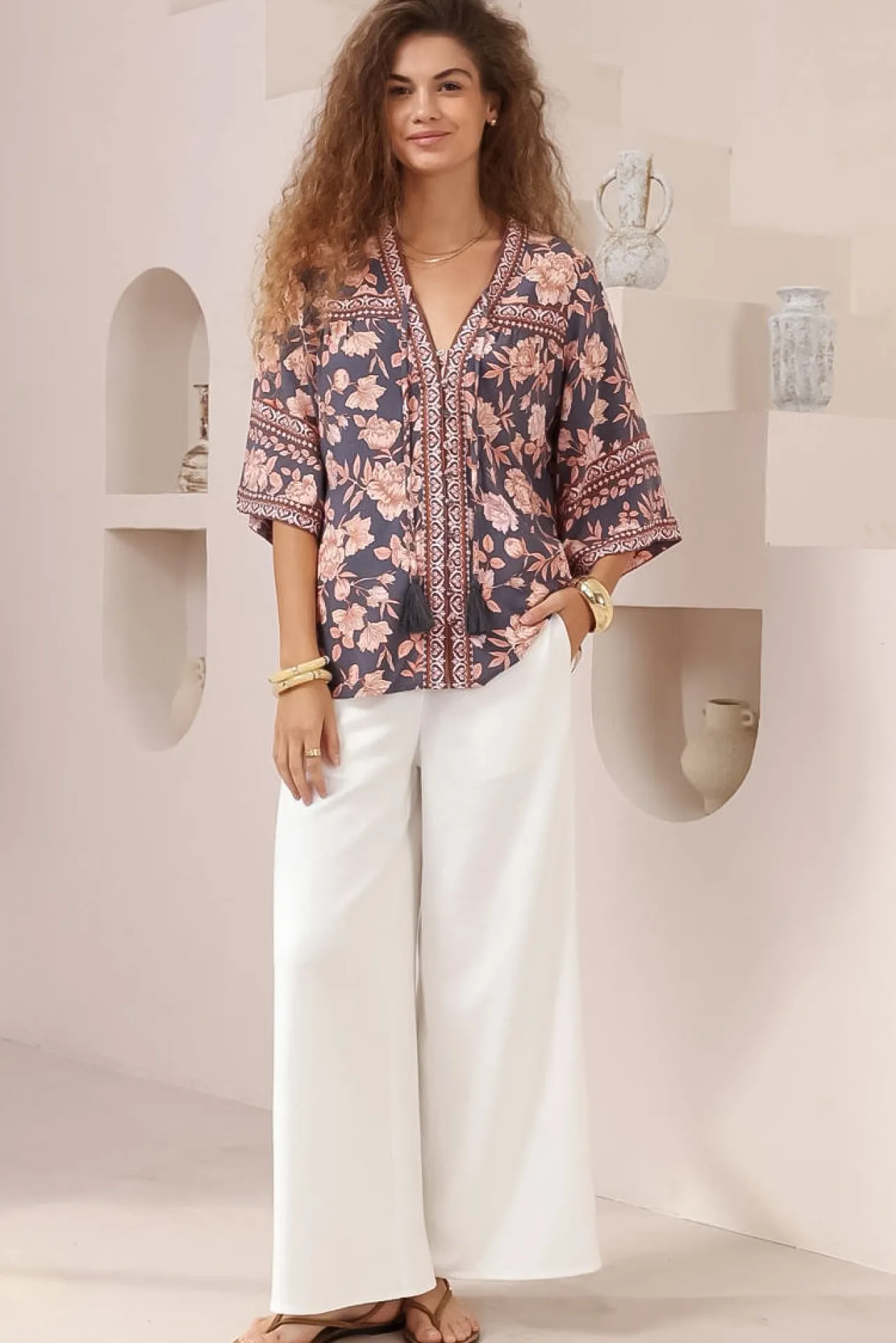 Elysia Blouse - Deep V Neck Button Down 3/4 Sleeve Top in Leandra Print>Salty Crush