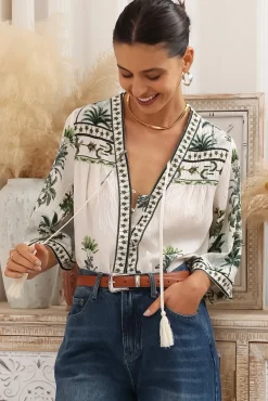 Elysia Blouse - Deep V Neck Button Down 3/4 Sleeve Top in Nessa Print>Salty Crush Hot