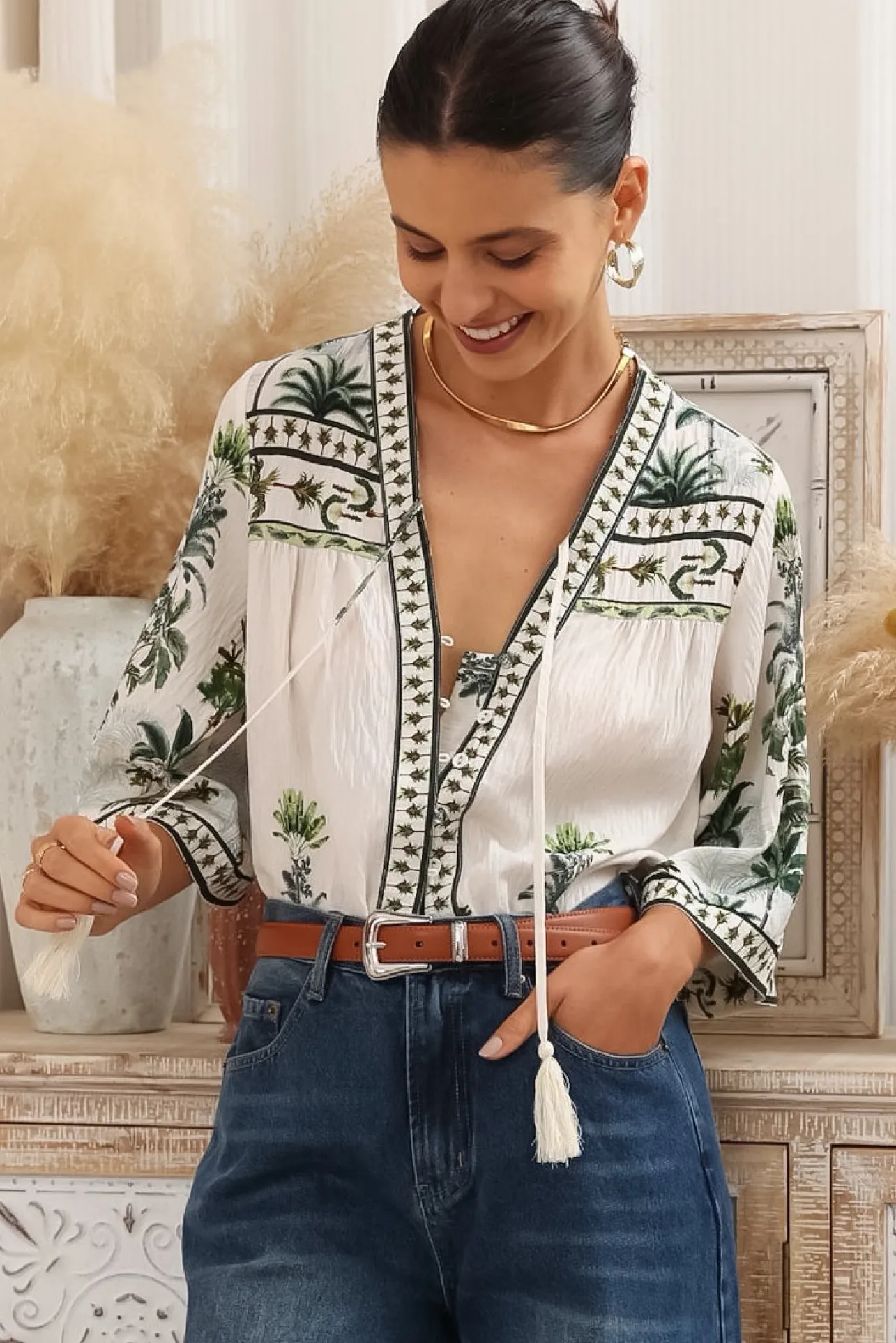 Elysia Blouse - Deep V Neck Button Down 3/4 Sleeve Top in Nessa Print>Salty Crush Hot