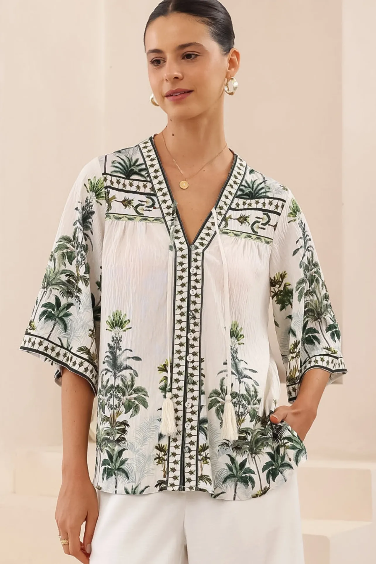 Elysia Blouse - Deep V Neck Button Down 3/4 Sleeve Top in Nessa Print>Salty Crush Hot