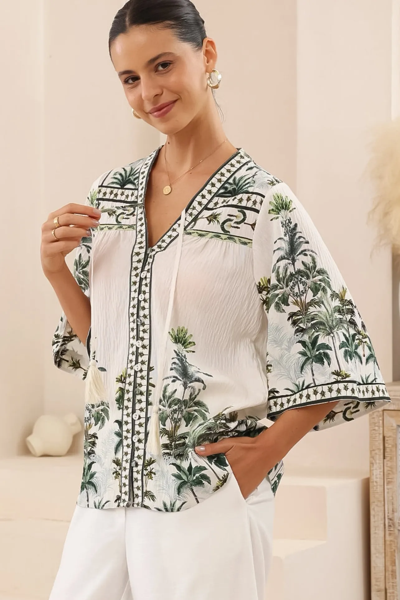 Elysia Blouse - Deep V Neck Button Down 3/4 Sleeve Top in Nessa Print>Salty Crush Hot