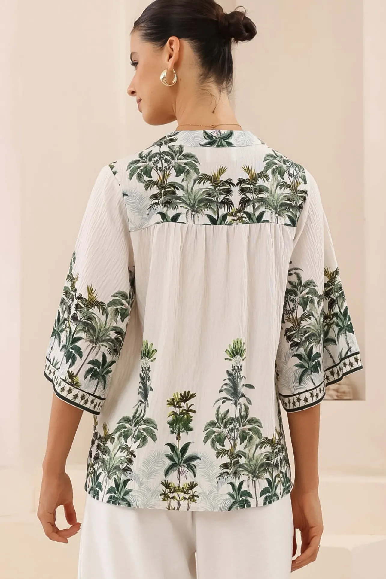 Elysia Blouse - Deep V Neck Button Down 3/4 Sleeve Top in Nessa Print>Salty Crush Hot
