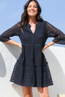 Emberly Mini Dress - Open-Work Lace Dress with Buttoned Bodice in Navy>Salty Crush Discount