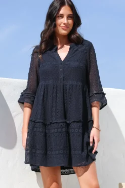 Emberly Mini Dress - Open-Work Lace Dress with Buttoned Bodice in Navy><noscript><img width=