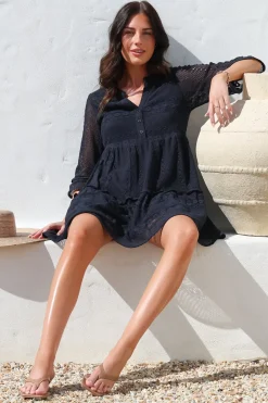 Emberly Mini Dress - Open-Work Lace Dress with Buttoned Bodice in Navy><noscript><img width=