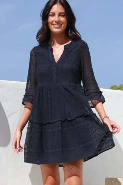 Emberly Mini Dress - Open-Work Lace Dress with Buttoned Bodice in Navy><noscript><img width=