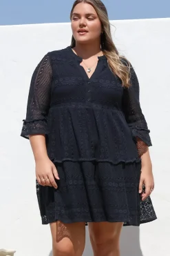 Emberly Mini Dress - Open-Work Lace Dress with Buttoned Bodice in Navy><noscript><img width=
