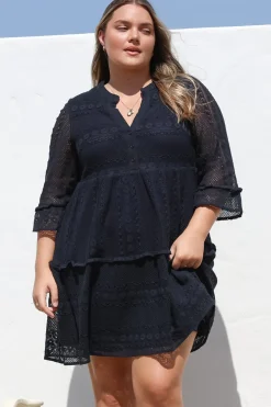 Emberly Mini Dress - Open-Work Lace Dress with Buttoned Bodice in Navy><noscript><img width=